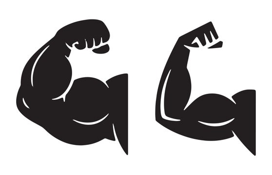 Strong bicep muscle icons set of flexing arm silhouettes on checkered transparent background.