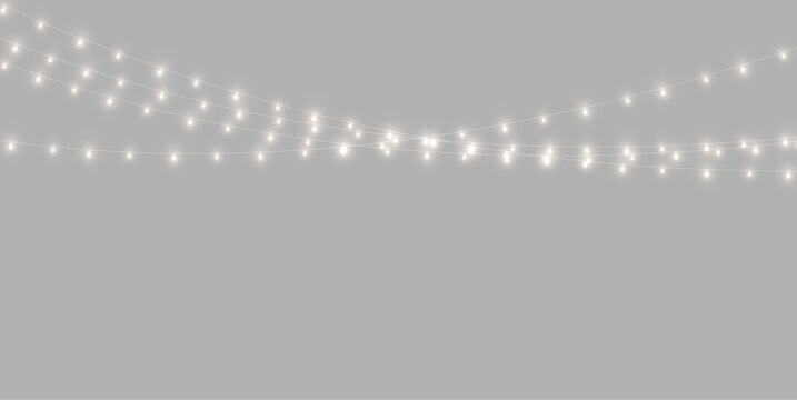 Glowing holiday garland with bright LED bulbs. Christmas decoration in transparent PNG format. Ideal for festive banners, greeting cards, and web templates.