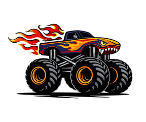 Flaming Monster Truck Vector Illustration with Sharp Teeth and Big Wheels Off Road Vehicle © Ginda