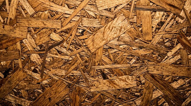 Full frame background texture of oriented strand board OSB featuring compressed brown wood chips, flakes, and splinters in a rustic timber panel surface pattern for construction design