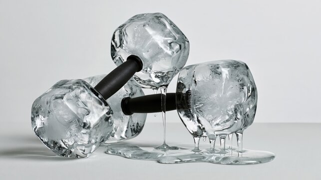Two heavy black dumbbells made entirely of clear ice with melting water dripping onto gym floor, white gym wall, copy space