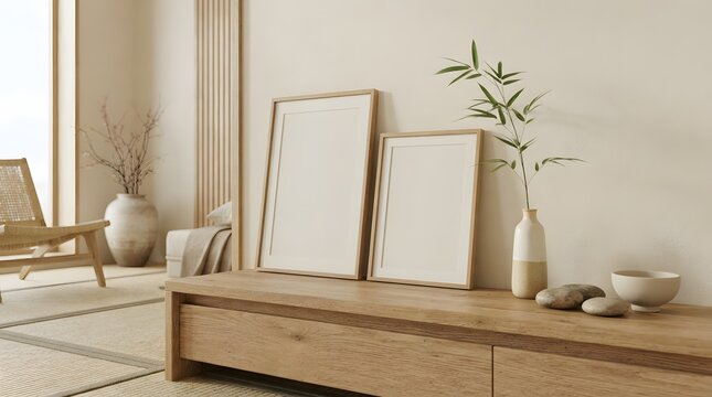 Two blank wooden picture frames mockup leaning on a modern oak sideboard in a minimalist Japandi living room interior with a bamboo vase, ceramic bowl, and neutral beige walls.