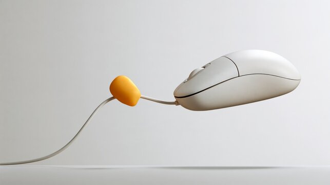 White computer mouse with long wire trying to eat small yellow piece of cheese, white wall, copy space