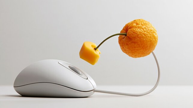 White computer mouse with wire nibbling yellow cheese, white background, copy space
