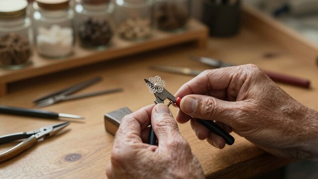 A master craftsman delicately shapes intricate silver filigree using precision tools on a wooden workbench in a warm, focused studio environment.