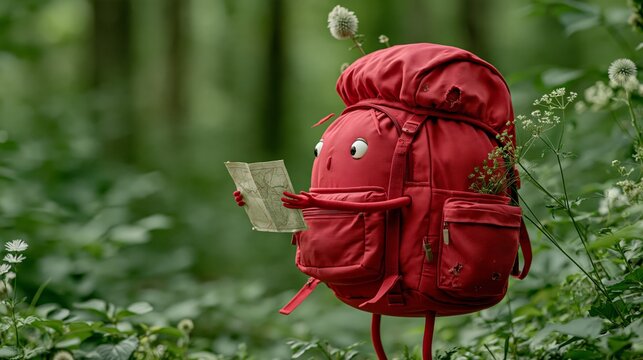 Red camping backpack standing on two legs, holding tiny paper map and looking lost in forest, soft-focus green forest, copy space
