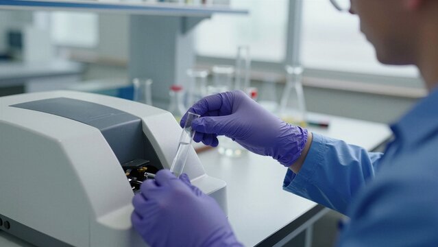A scientist wearing gloves inserts a test tube into a spectrophotometer for precise chemical analysis within a clean, modern laboratory environment.