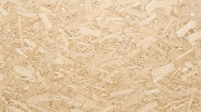 Oriented strand board texture background, full frame overhead view of OSB panel with pressed wooden flakes, compressed wood chipboard surface for construction material backdrop