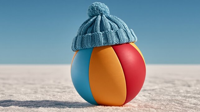 Beach ball wearing tiny blue knitted beanie hat sitting on frozen lake, white snowfield, crisp blue sky, copy space