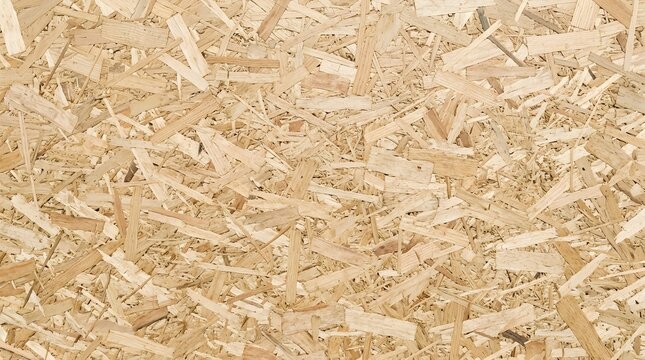 Oriented strand board OSB texture close up, compressed wood flakes pattern, flat lay background of natural beige chipboard sheet for construction, carpentry and industrial design projects