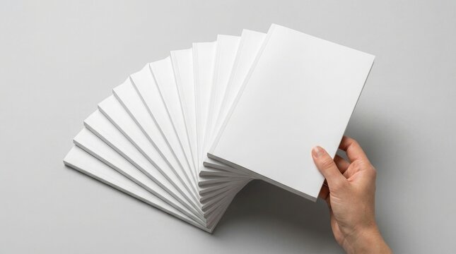 Hand holding a stack of blank white brochures or booklets mockup