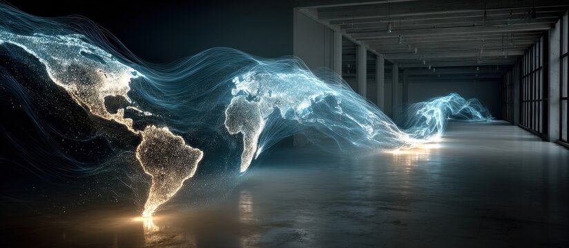 Glowing world map in tunnel.