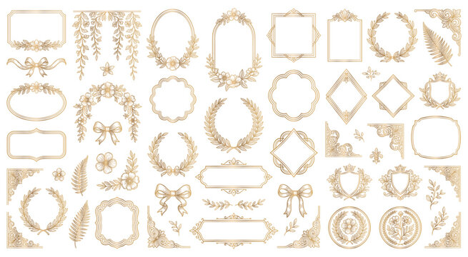 Golden elegant frames and borders with floral elements.