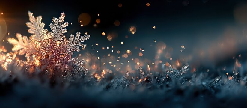 Snowflakes falling on dark background.