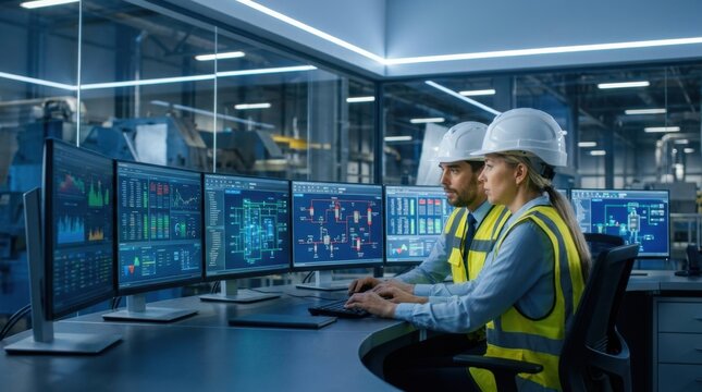 Engineers working in a modern industrial control room monitoring digital data systems