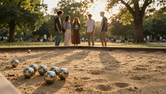 Group of young adults enjoying a friendly bocce ball game on sandy court surrounded by trees during golden hour.
