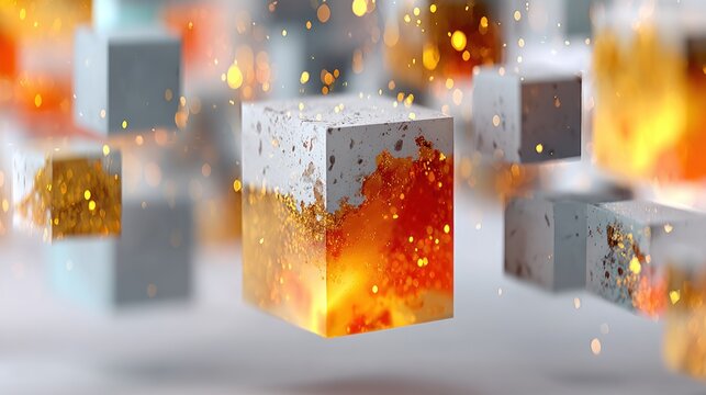 3D cubes with fire and sparks.