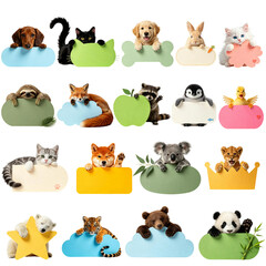 Fototapeta premium Cute Animals Holding Colorful Blank Memo Cards – Adorable Pet and Wild Animal Message Board Collection
