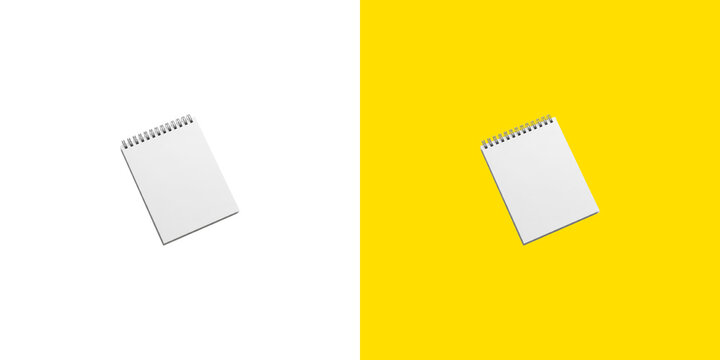 Blank spiral notebook mockup for writing notes on dual color split screen surface transparent png