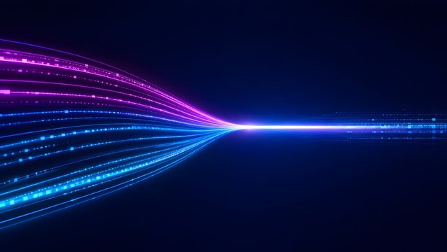 Abstract purple and blue fiber optic lines converging into single glowing beam representing high speed data transfer and network connection
