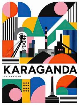 Geometric poster illustration of Karaganda, Kazakhstan featuring industrial architecture, mining imagery, colorful abstract shapes, and bold typography.
