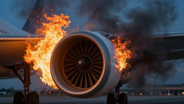 Aircraft jet engine engulfed in flames and smoke during emergency landing attempt.