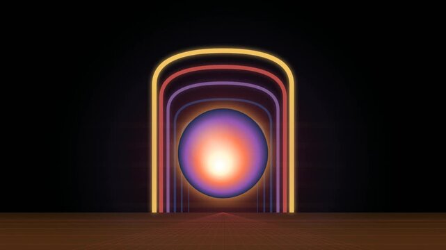 Abstract Glowing Orb in Neon Archway with Grid Floor, Retro Futuristic Background