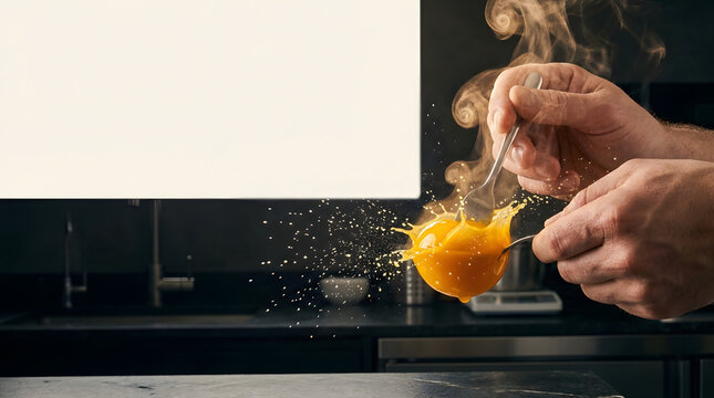 Action Shot Of Chef Hands Bursting Spherified Mango Yolk With Fork Creating Liquid Splash And Steam In Modern Kitchen Over Bright Background