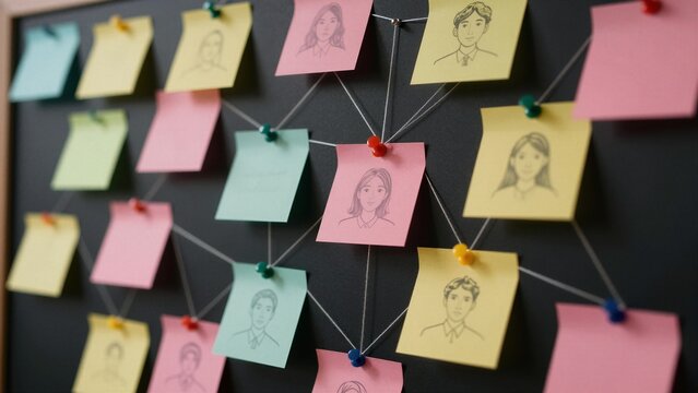 A visual representation of team structure using colorful sticky notes pinned to a board with illustrated portraits connected by strings.