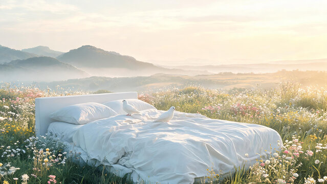 A white bed with two doves rests in a wildflower meadow, backed by misty mountains under soft dawn light.