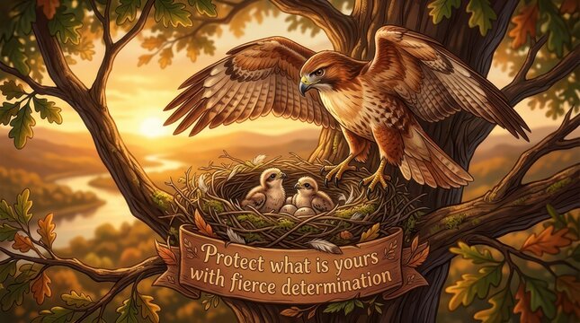 Majestic Hawk Guards Its Nest with Young Chicks in a Tree at Sunset