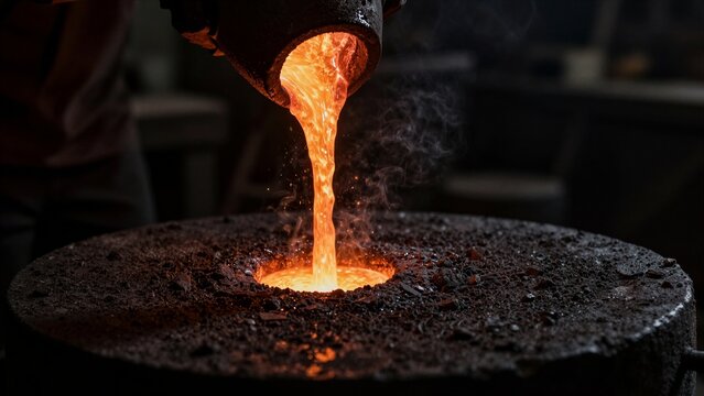 Hot liquid metal flows from a ladle into a sand mold in an industrial foundry, glowing orange with steam rising around it.