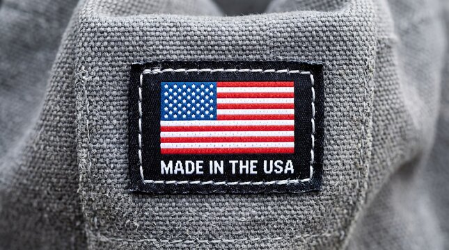 Close up of a gray sweatshirt sleeve with a patch displaying the American flag and made in the usa text