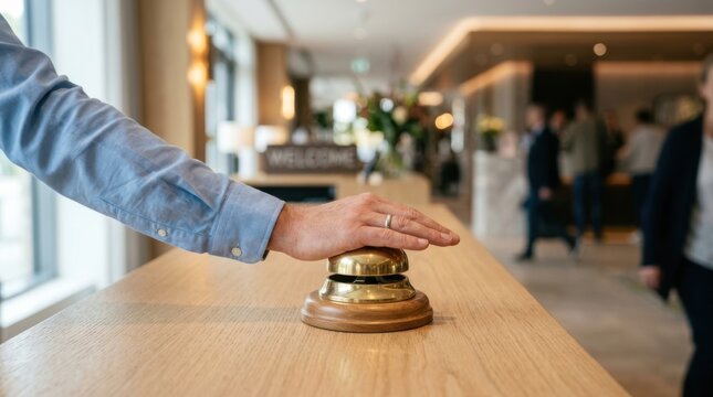 Hand pressing a service bell on a hotel reception desk for guest check-in assistance