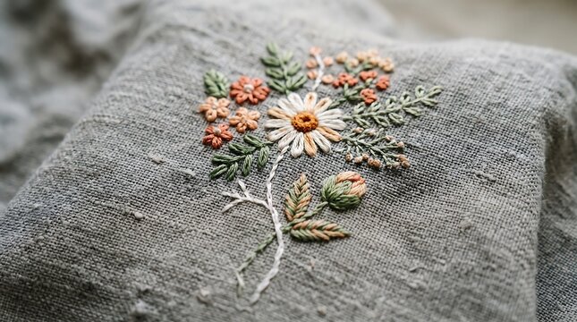 Close up of floral embroidery detail on textured gray linen fabric with delicate wildflower stitching