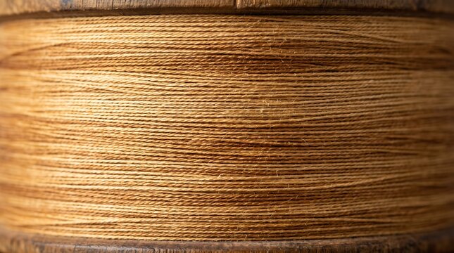 Close up of brown twine tightly wound on a wooden spool with a natural textured background
