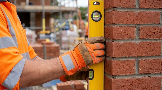 Construction worker using a spirit level to check brick wall alignment on a building site.