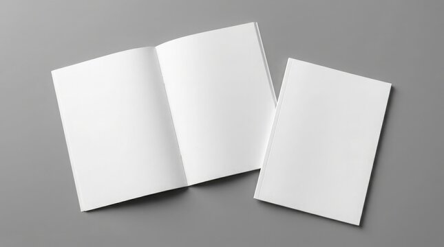 Mockup of open and closed blank magazines on gray background