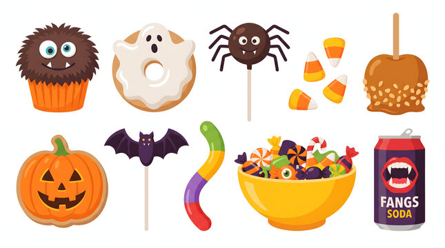Cute Halloween party sweets collection with spooky treats and monster snacks vector illustration