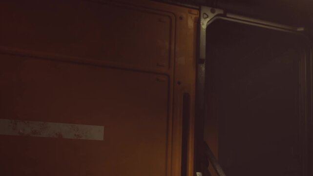 A doorway is seen in a dimly lit area. The surface is covered with wear and tear from use. Light casts shadows on the wall, creating a darker space in the background.