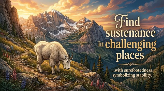 Majestic mountain goat navigates a rugged, scenic trail amidst towering peaks and a vibrant sunset, embodying resilience and stability in challenging