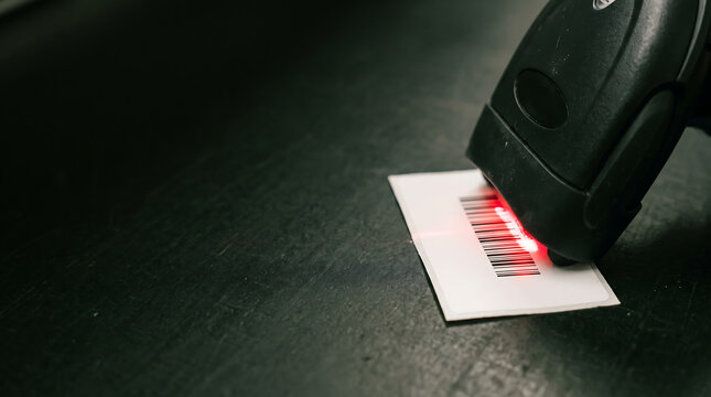 Close up of an electronic barcode reader scanning a tag using a red laser beam for digital data processing and inventory tracking