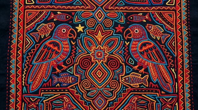 Detailed embroidery of colorful parrots and fish on black fabric with traditional molas design