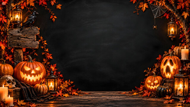 Halloween Chalkboard Background with Ghostly Pumpkins and Lanterns