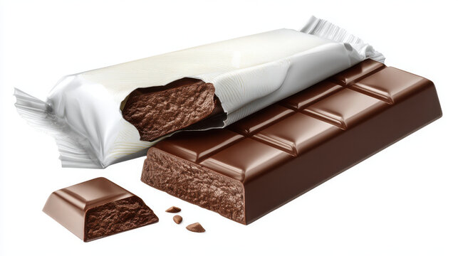 Chocolate candy bar with aerated filling lies broken near a blank white wrapper.