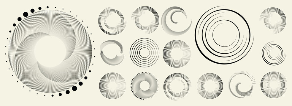 Collection of vector design elements. Set of logos with lines, spirals and circles. Various forms of line and dots design.Vector logo collection. Bundle of circle icons and elements. Set of lines art.