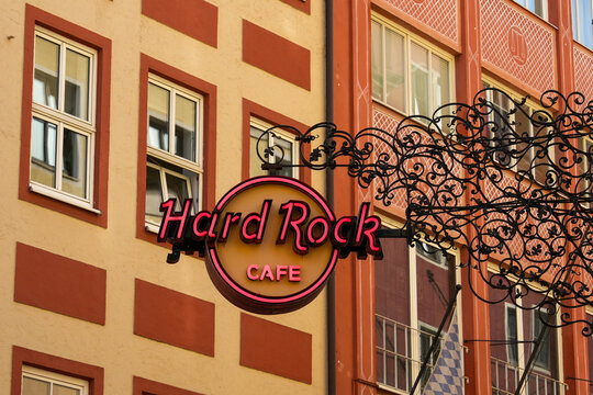 Exterior view of the Hard Rock Cafe logo on a historic facade in Munich&rsquo;s Old Town, Germany