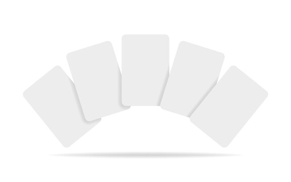 Blank mockup of a fan of five playing cards or business cards with soft shadows for design, board game presentations, or creating business cards.