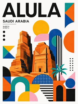 Colorful geometric travel poster featuring AlUla, Saudi Arabia, with stylized rock formations, heritage architecture, palm trees, and abstract shapes.