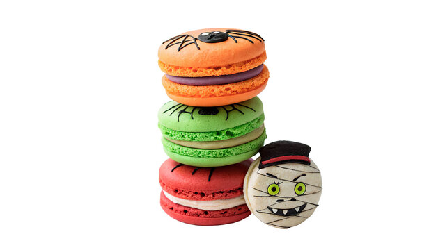 Stack of colorful french macarons cookies biscuits sweets collection isolated confectionery dessert